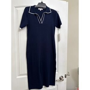 Nanette Lepore‎ Dress Navy White Knit Midi Polo Collar Short Sleeve Side Split M